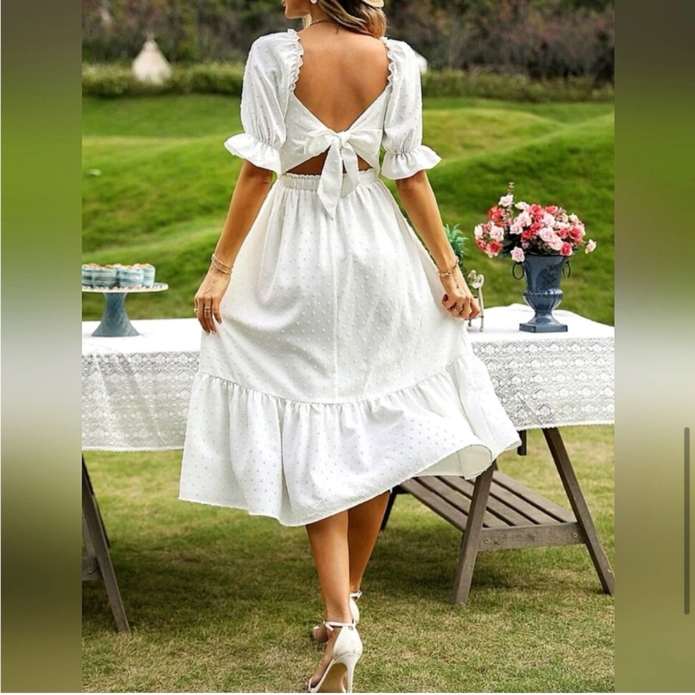New Boho Swiss Dot Puff Sleeve Tie Back Midi Dress White - Picture 3 of 3